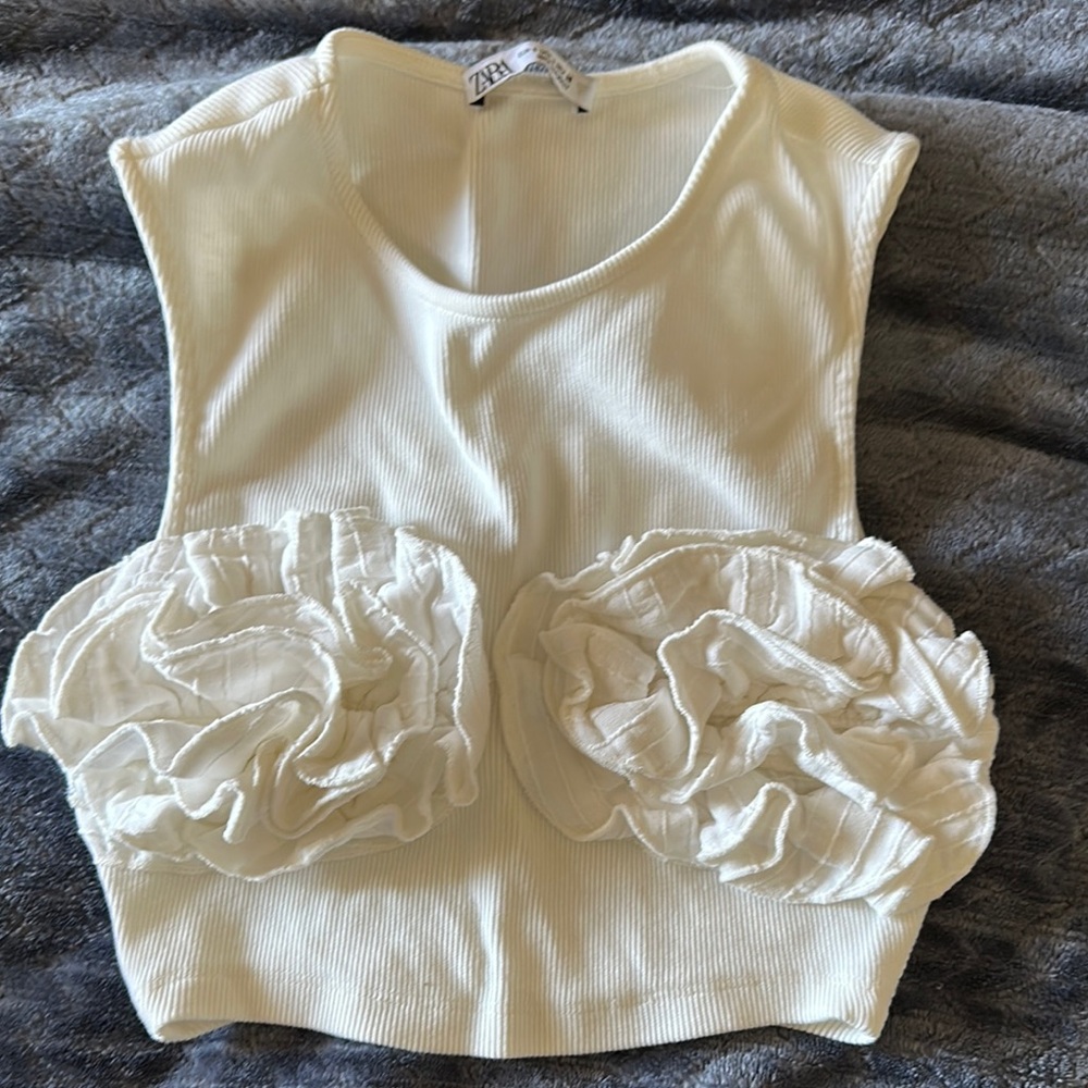 Zara White Sleeveless Top with Ruffle Details
